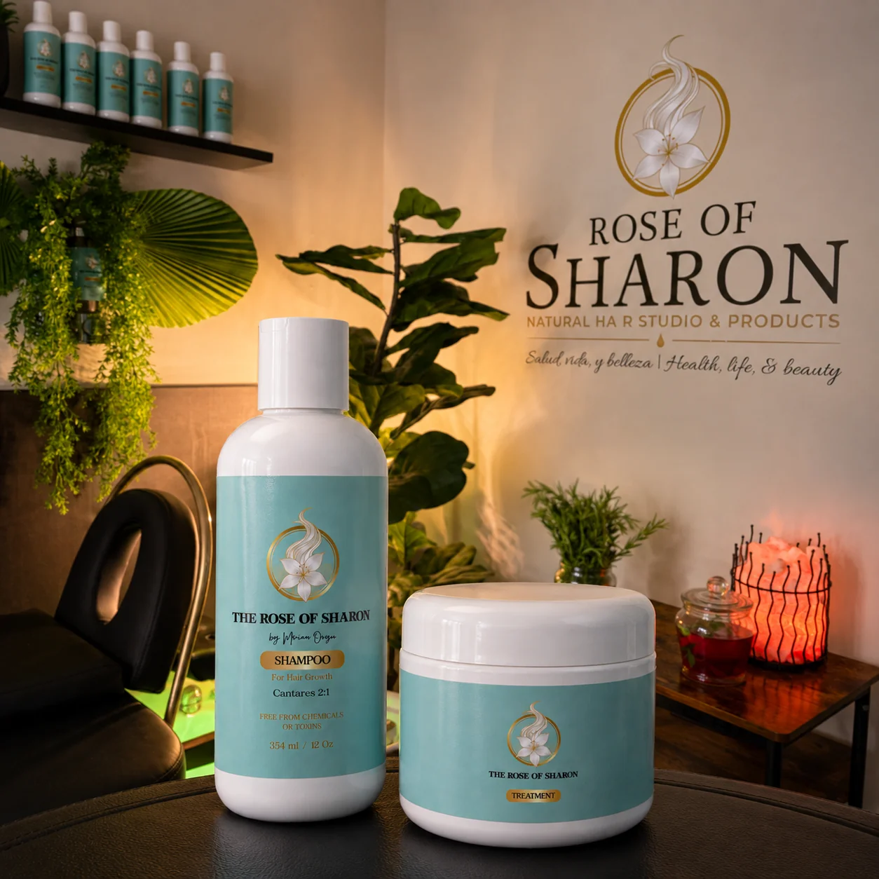 The Rose of Sharon shampoo and treatment on a table in the studio